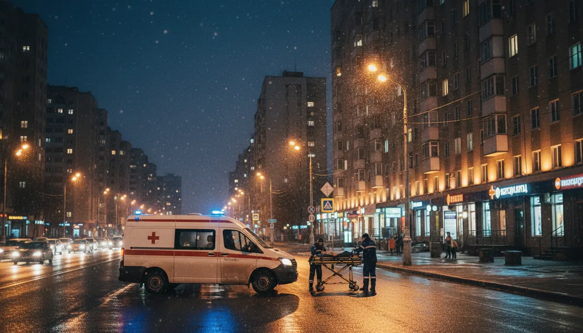 Ночной Воронеж, освещённая улица, медицинский автомобиль у жилого дома