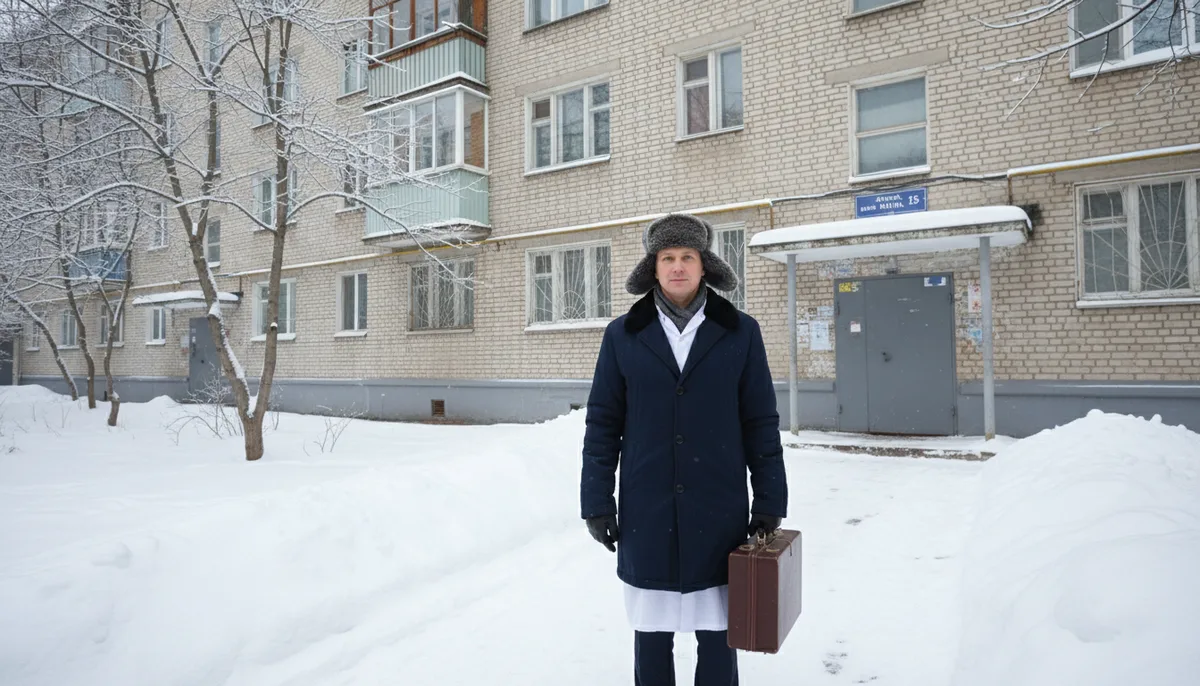 Врач-нарколог с медицинским чемоданом у входной двери жилого дома, зимний самарский двор